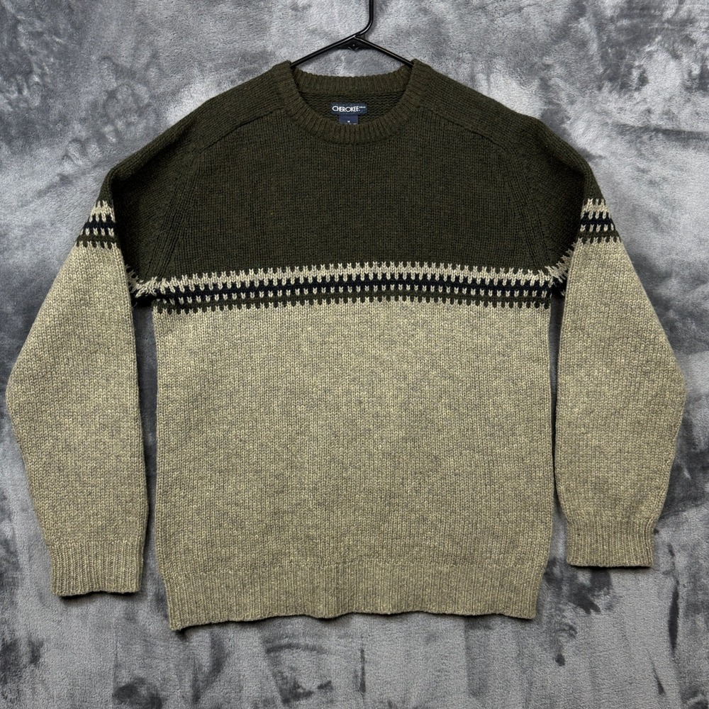Cherokee Sweater Mens Medium Green Tan Excellent Lambswool Blend Colorblock Knit